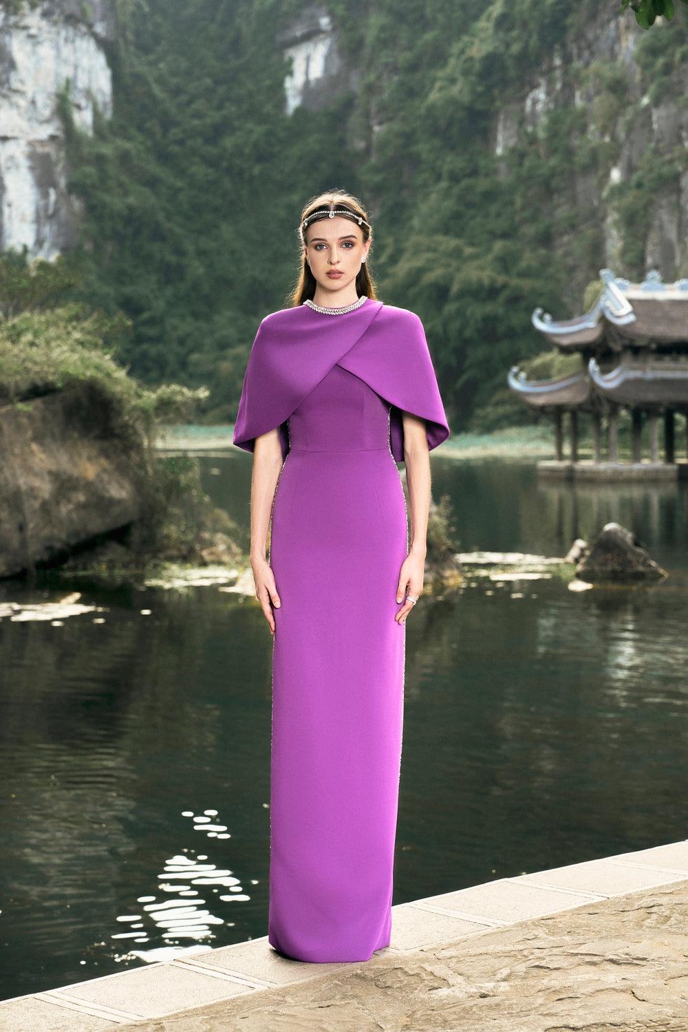 Cross Over Cape With Sides Stone Embellishments Line Dress Set - TRACY COUTURE